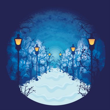 Lambalı ve ağaçlı renkli kış manzarası