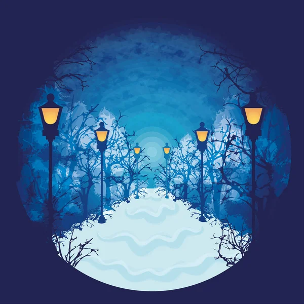 Кольоровий зимовий пейзаж з лампами та деревами Вектор — стоковий вектор