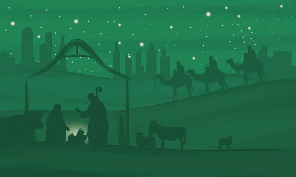 Різдвяний пейзаж зелена нічна сцена з зірками мангал Вектор — стоковий вектор
