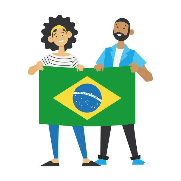 Platt design av ett par personer som innehar flagga Brasilien Vector — Stock vektor