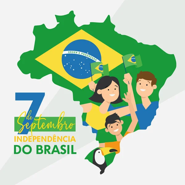 Felice giorno dell'indipendenza brasiliana persone che detengono bandiera e toucan Vector — Vettoriale Stock