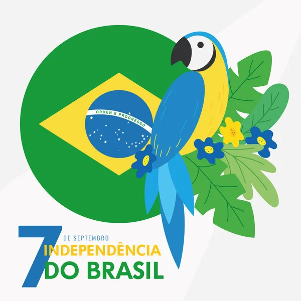 Brasile indipendenza giorno poster carino pappagallo su foglie vettore — Vettoriale Stock