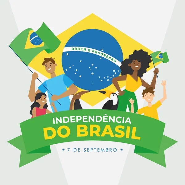 Festa dell'indipendenza del Brasile persone con bandiera del Brasile Vettore — Vettoriale Stock