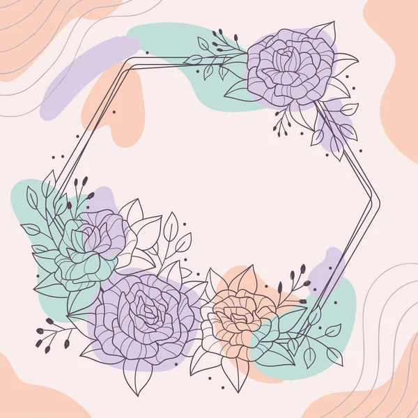 六角形の色のかわいい水彩の花のフレームベクトル — ストックベクタ