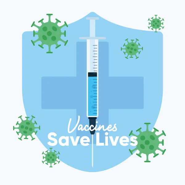 Vacunas salvan vidas póster escudo médico con jeringa Vector — Vector de stock