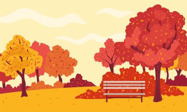 Sonbahar vektöründe ağaçlarla dolu bir parkta sandalye