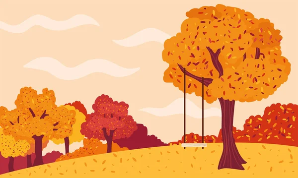 Кольоровий осінній пейзаж з гойдалкою на дереві Вектор — стоковий вектор