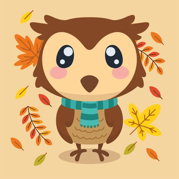 Personaje de búho lindo aislado con un fondo de otoño bufanda Vector — Vector de stock