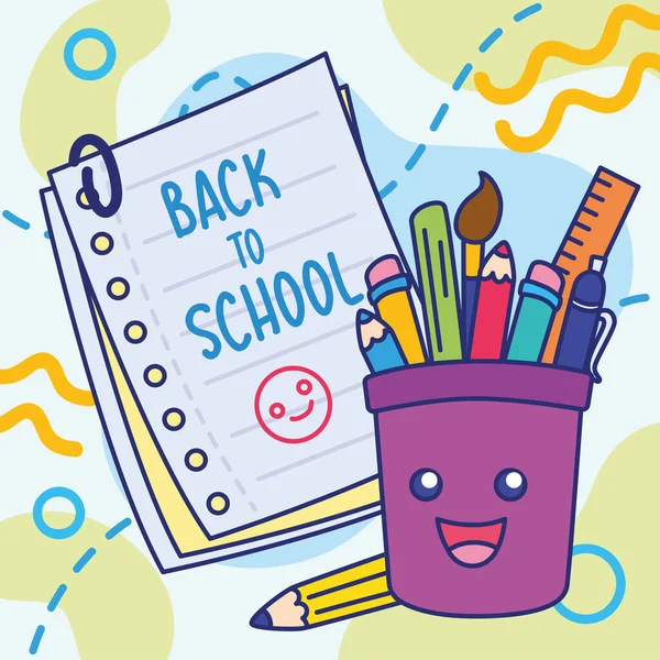Kolorowy powrót do plakatu szkolnego Happy school zaopatrzenia postaci kubek Vector — Wektor stockowy