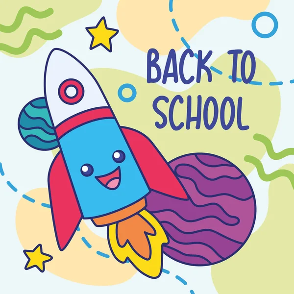 Barevné zpět do školy plakát astronomie třída Happy raketa charakter vektor — Stockový vektor