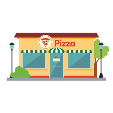 İzole edilmiş ön manzara pizza dükkanı taşıyıcı inşa ediyor