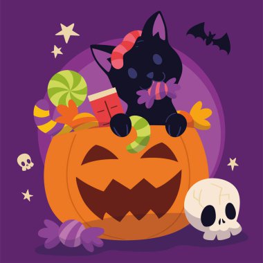 Renkli Cadılar Bayramı posteri şekerli ve mutlu kedi vektörlü balkabağı