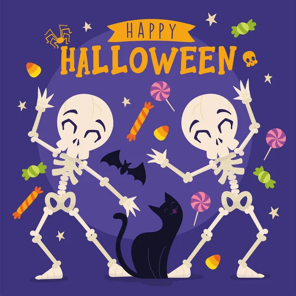 Cartel de halloween coloreado par de esqueletos celebrando Vector — Vector de stock