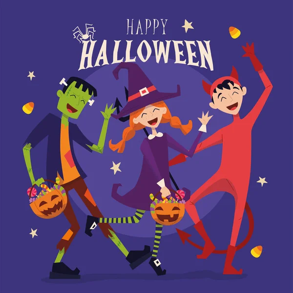 Cartel de Halloween coloreado grupo de niños con disfraces Vector — Vector de stock