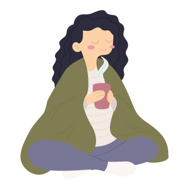 Rahatlamış bir kadın kahve fincanı içiyor Hygge yaşam tarzı vektörü.