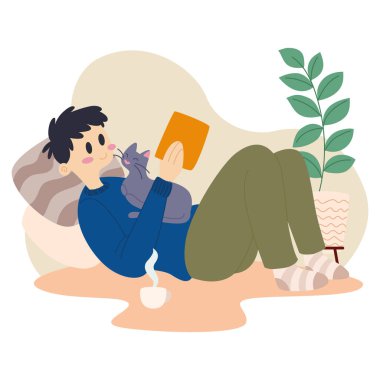 Hygge yaşam tarzı Bir kitap okuyan adam Mutlu Kedi Vektörü