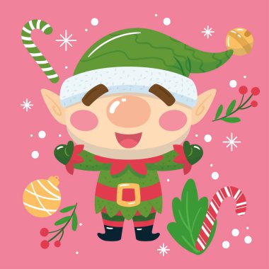 Elf çizgi filmi kawaii Noel süsleme vektörü