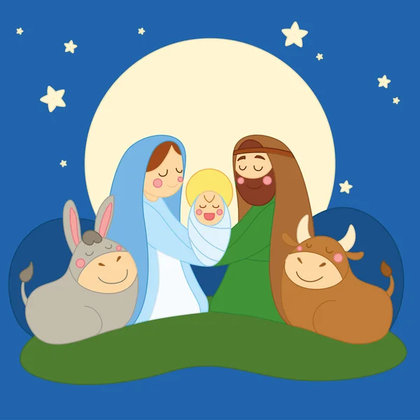 Рождественская сцена мультфильм в ночь Ребенок Иисус Иосиф и Мария Вектор — стоковый вектор