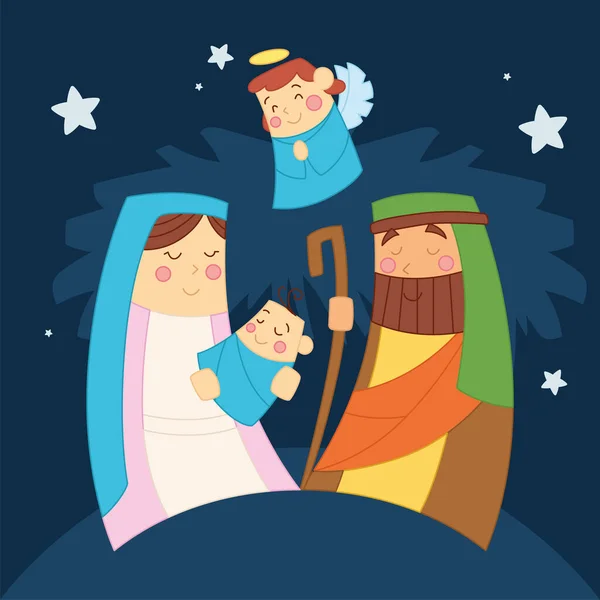 Dítě Ježíš Josef a Marie Roztomilý anděl Narození scény karikatura vektor — Stockový vektor