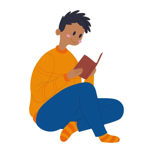 Hombre afroamericano leyendo un libro Hygge lifestyle Vector — Vector de stock