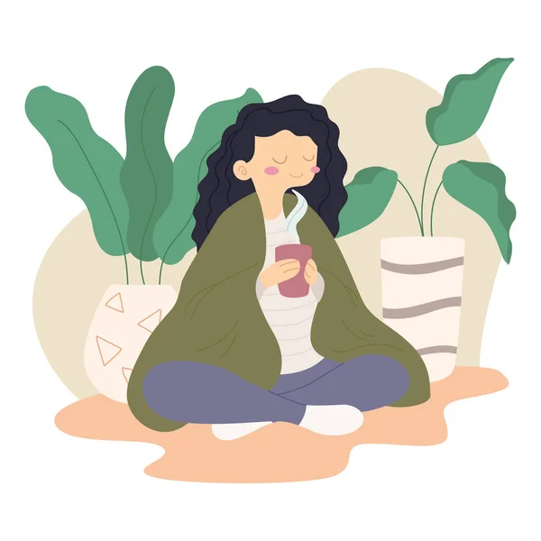 Femme froide détendue Tasse à thé Home plants Hygge lifestyle Vector — Image vectorielle