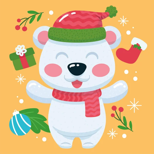 Niedźwiedź polarny kreskówki kawaii Boże Narodzenie dekoracji wektor — Wektor stockowy