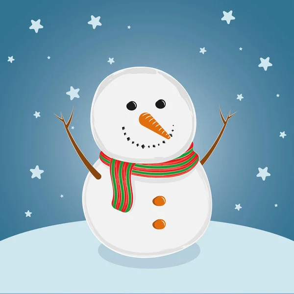 Isolado personagem boneco de neve feliz na paisagem de inverno Vector — Vetor de Stock