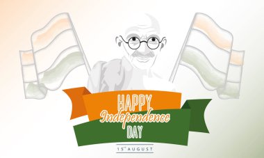 Hindistan bayrağı ve Gandi silueti olan renkli afiş Hindistan 'ın bağımsızlık günü