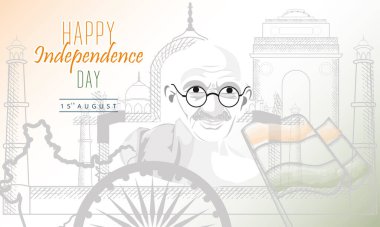 Hindistan bayrağı ve Gandi silueti olan renkli afiş Hindistan 'ın bağımsızlık günü