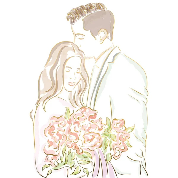 Happy married couple sketch holding flowers Vector - Stok Vektor