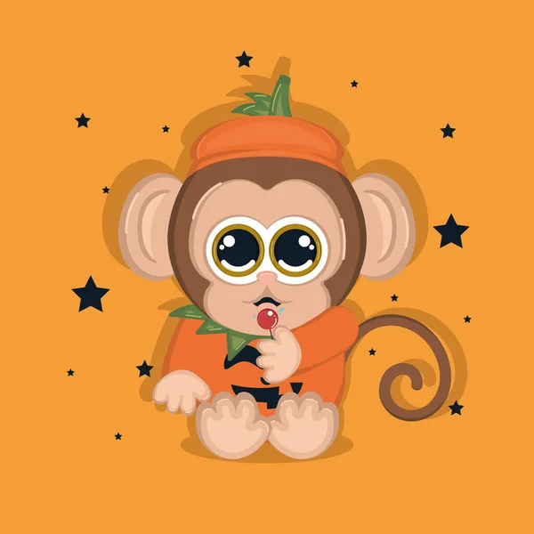 Personaje de dibujos animados mono lindo aislado con un traje de calabaza Vector — Vector de stock
