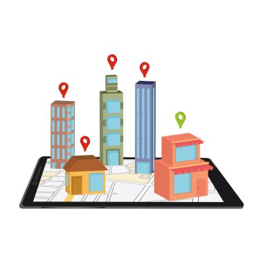 Uygulama haritalı ve 3D binalı izole cep telefonu Vektörü
