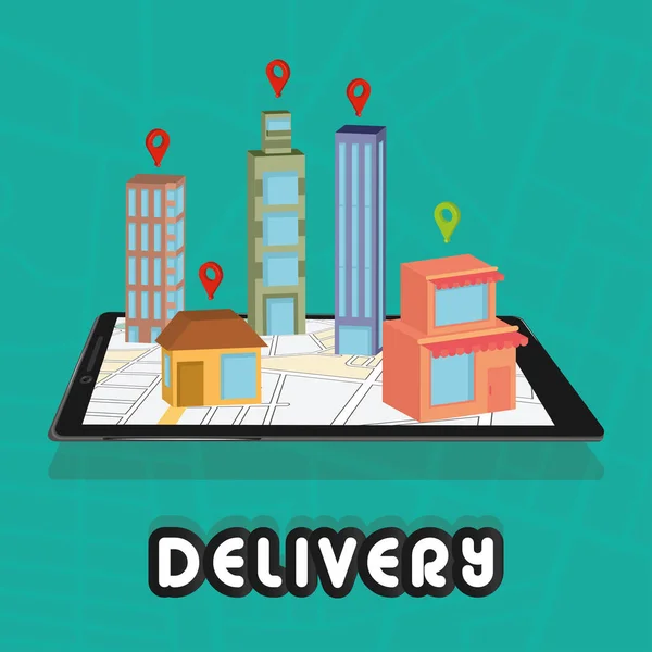 Group of different buildings connected on a delivery app Delivery concept Vector — Stock Vector