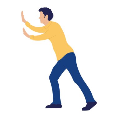 İzole erkek çizgi filmi bir şeyi itmek için çabalıyor Vektör.