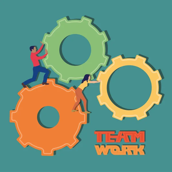 Man en vrouw duwen een paar tandwielen Teamwork business concept Vector — Stockvector