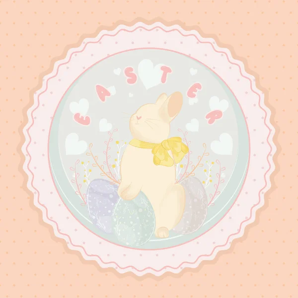 Cute rabbit with easter eggs on a pastry colored label Easter Vector — Stock Vector