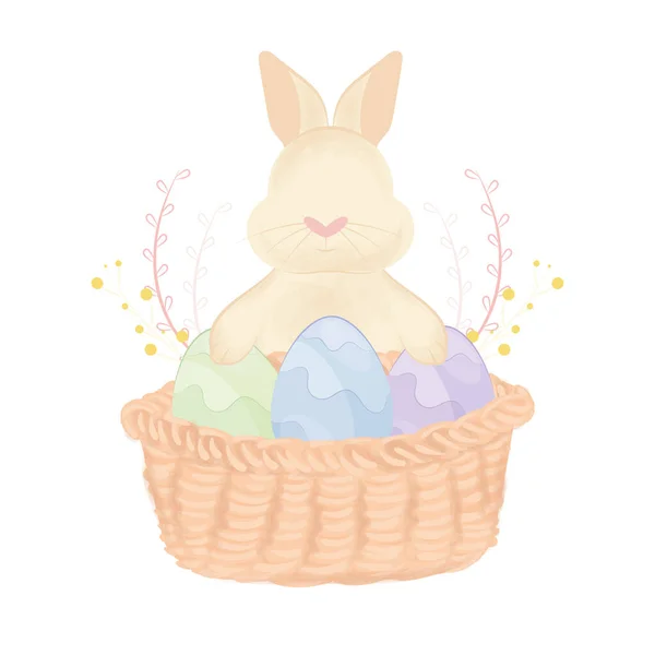 Cute rabbit with a wooden basket and easter eggs Vector — Stock Vector
