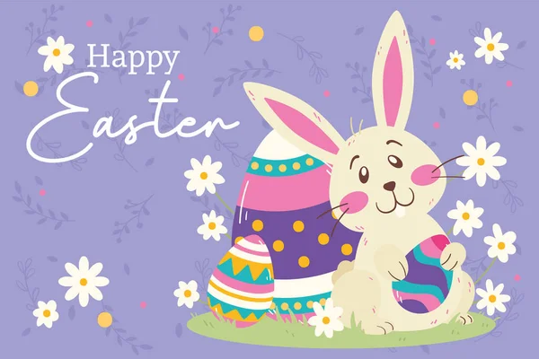 Cute rabbit with painted easter eggs Happy easter week template Vector — Stock Vector