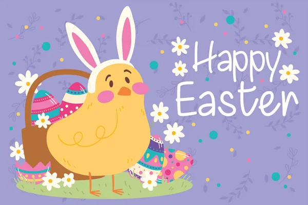 Pollo carino e un cesto con uova dipinte Settimana di Pasqua Vettore — Vettoriale Stock