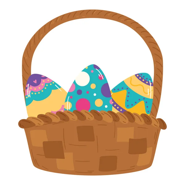 Cesta de madera aislada con huevos de Pascua Vector — Vector de stock