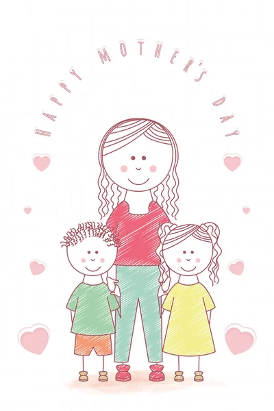 Kobieta z dziećmi Szczęśliwa kartka na dzień matki Wektor — Wektor stockowy