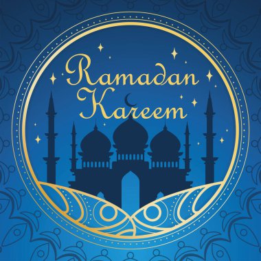 Altın etiketli bir Arap camiinin silüeti Ramazan Kareem desen taşıyıcı