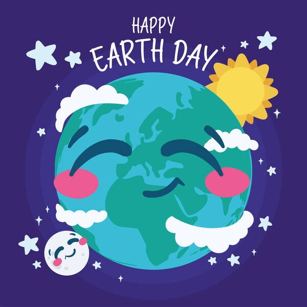 Cute earth planet with clouds sun and moon Happy earth day Vector