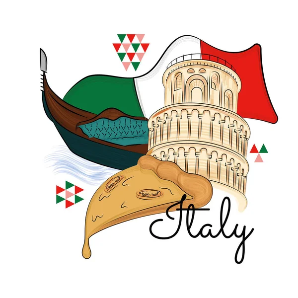 Färgade Italy Resa Marknadsföring Med Pisa Torn Och Pizza Vektor — Stock vektor
