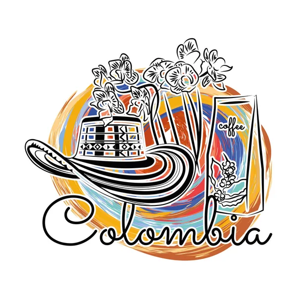 Színes Kolumbia Utazás Promóció Kávé Virágok Kalap Vector Illusztráció — Stock Vector