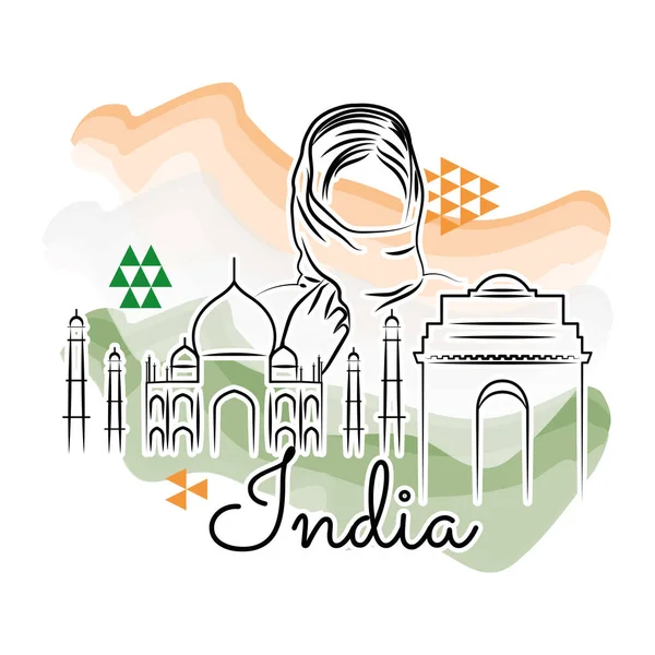 Gekleurde India Reis Promotie Met Taj Mahal Gebouw Een Meisje — Stockvector