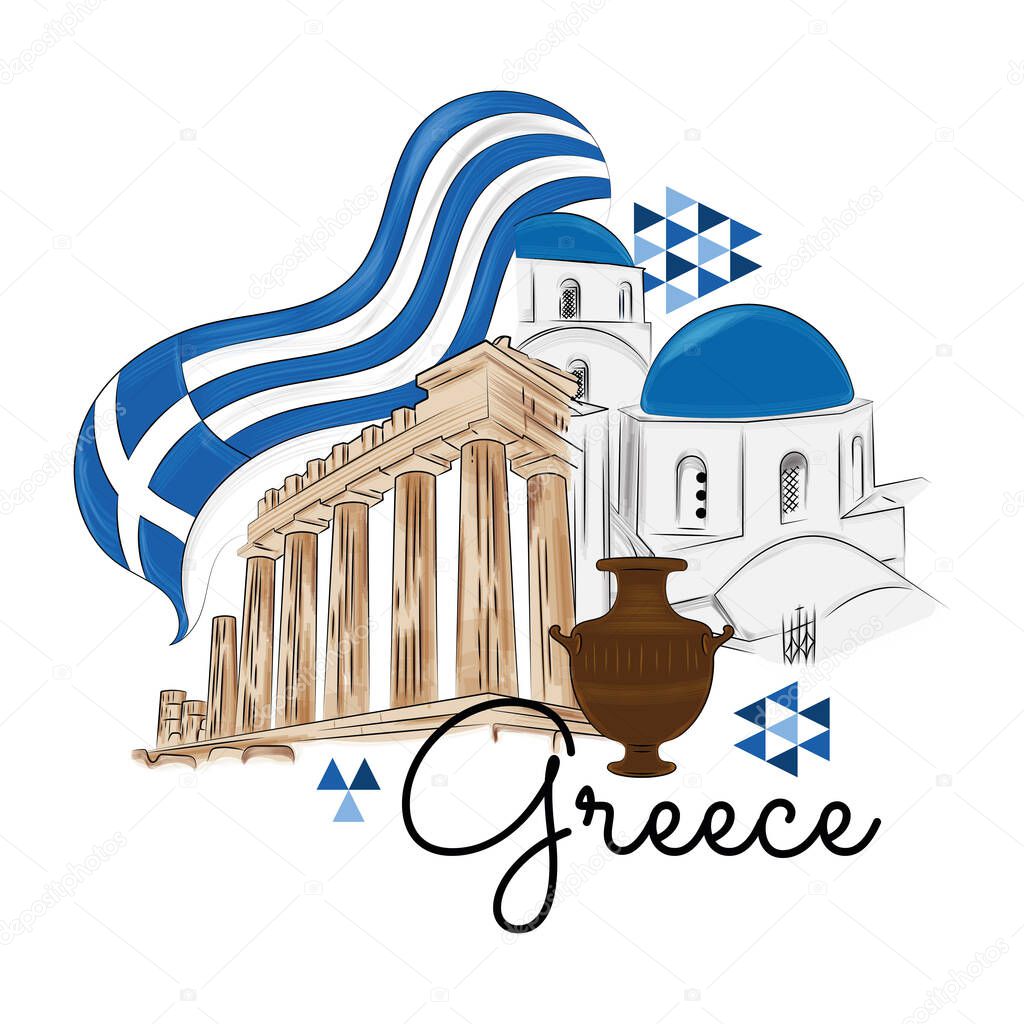 Colored greece travel promotion with Santorini buildings and temples Vector illustration