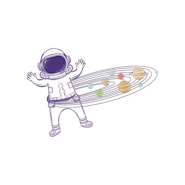 Barevný Astronaut Kreslený Postava Hrát Planetami Vektorové Ilustrace — Stockový vektor