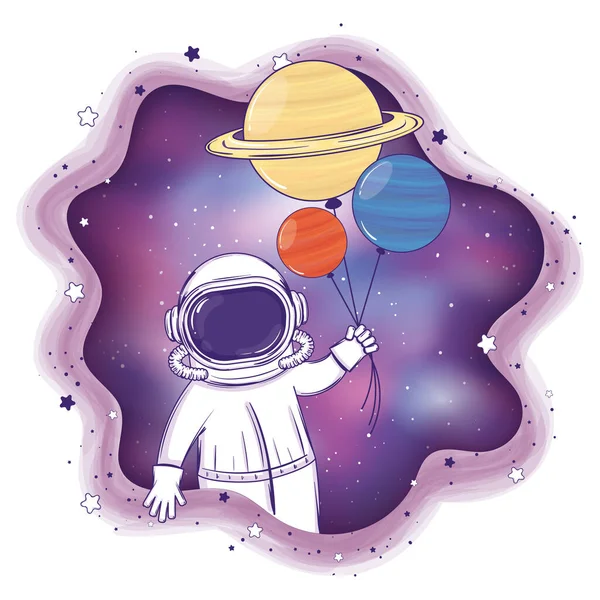 惑星気球と色宇宙飛行士の漫画ベクトルイラスト — ストックベクタ