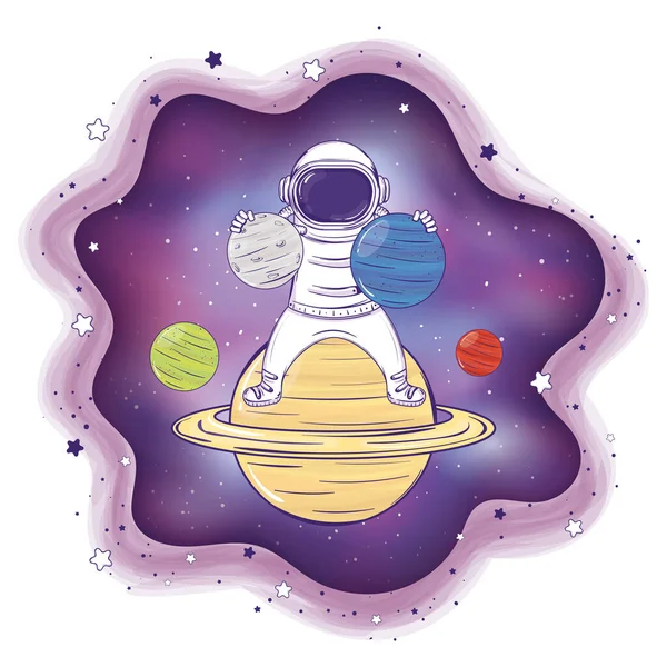 Farbige Astronauten Cartoon Figur Spielt Mit Planeten Vector Illustration — Stockvektor